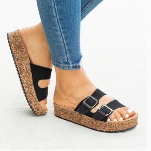Black Double Buckle Cork Slip On Slides Sandals